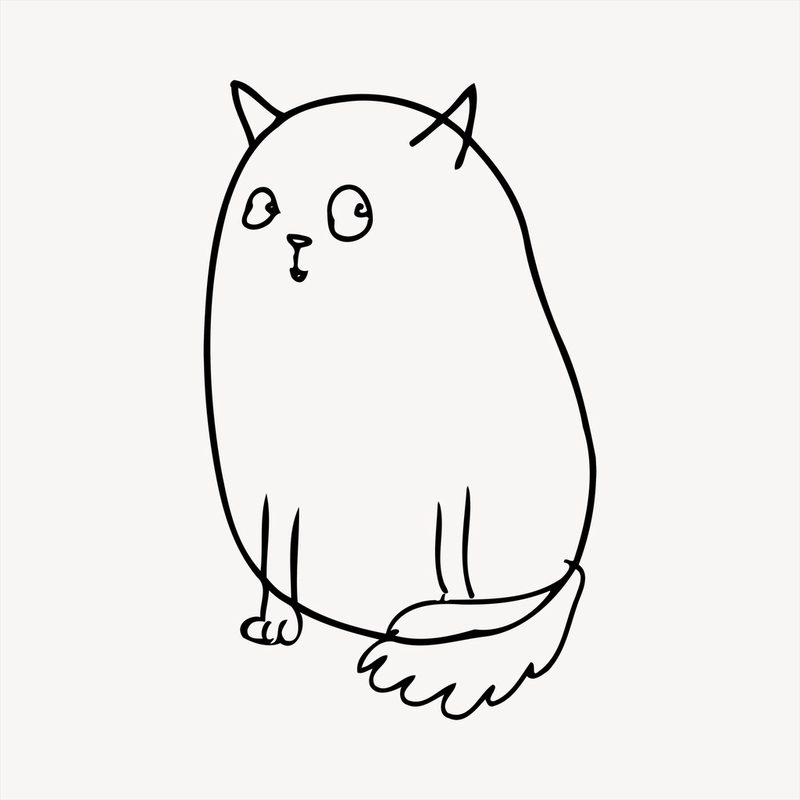 A simple black line drawing of a round cartoon cat