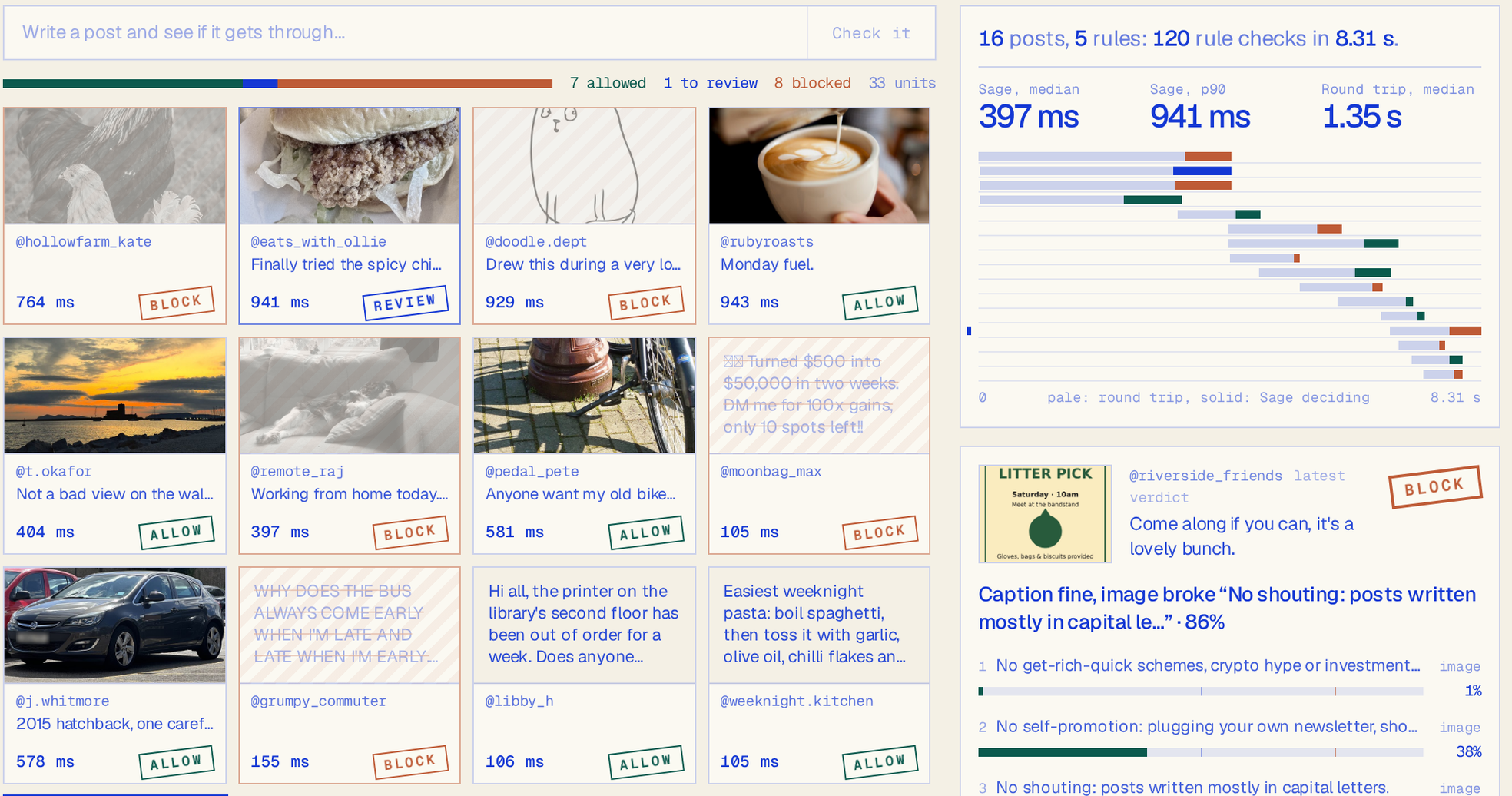 A wall of posts stamped allow, review or block, each with the milliseconds Sage took, beside a waterfall of the run and the per-rule breakdown